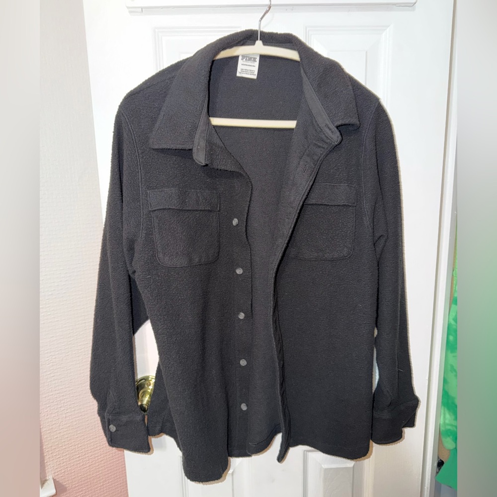 Victoria’s Secret PINK black cozy fleece button down OVERSIZED xs